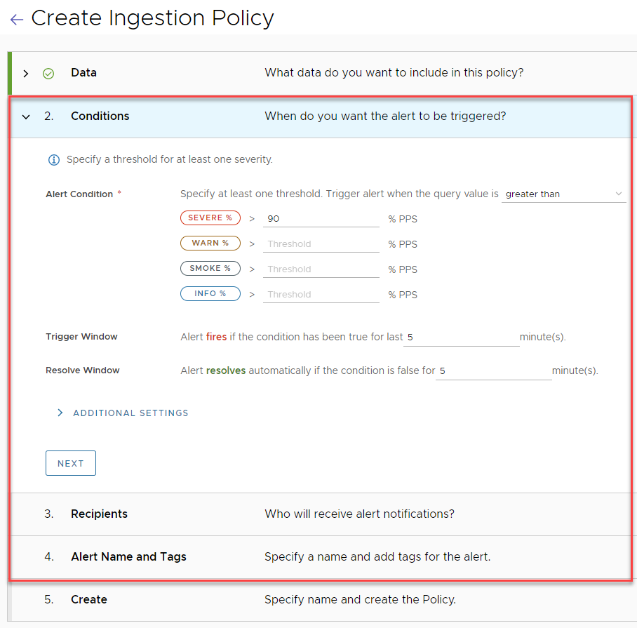 The Conditions stepper in the Create Ingestion Policy wizard. 