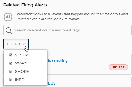Related Firing Alerts section supports filters, such as severe, warn, smoke and info.