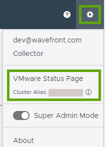 The gear icon drop-down menu with the VMware Status Page section.