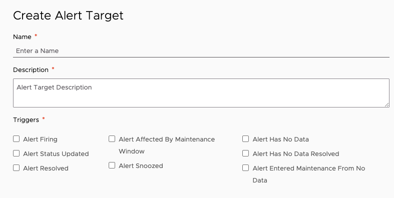 screenshot of Create Alert target shows several options e.g Alert Status Updated and Alert Resolved
