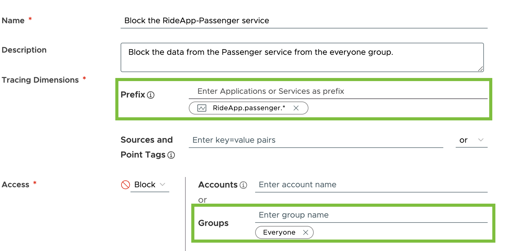 A screenshot of the traces security policy created to block the user group everyone from seeing data of the RiderApp's passenger service.
