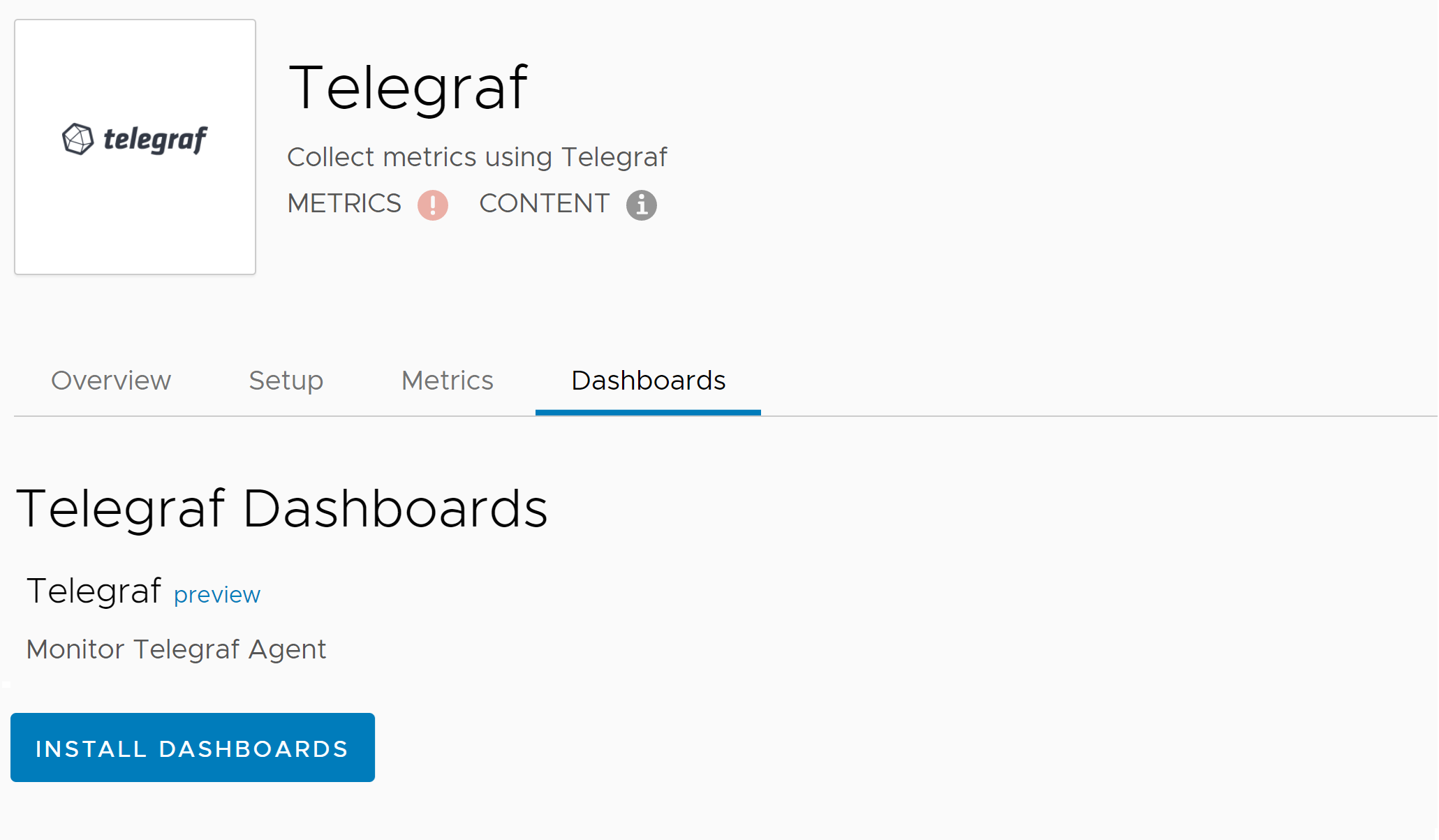 Integration landing page for Telegraf, Install Dashboards button shows