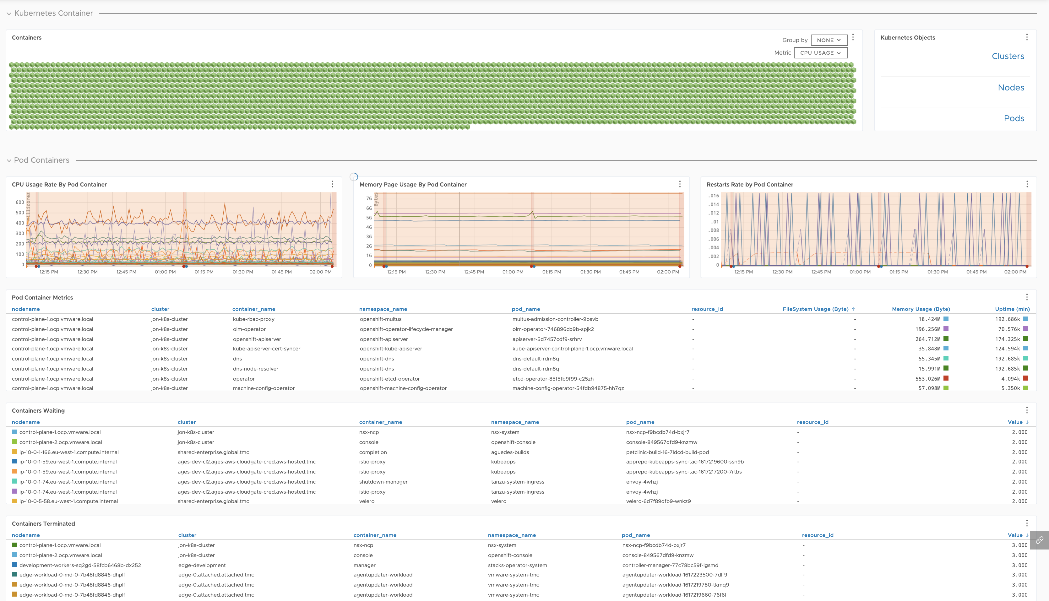 a screenshot of the Kubernetes container dashboard with charts.