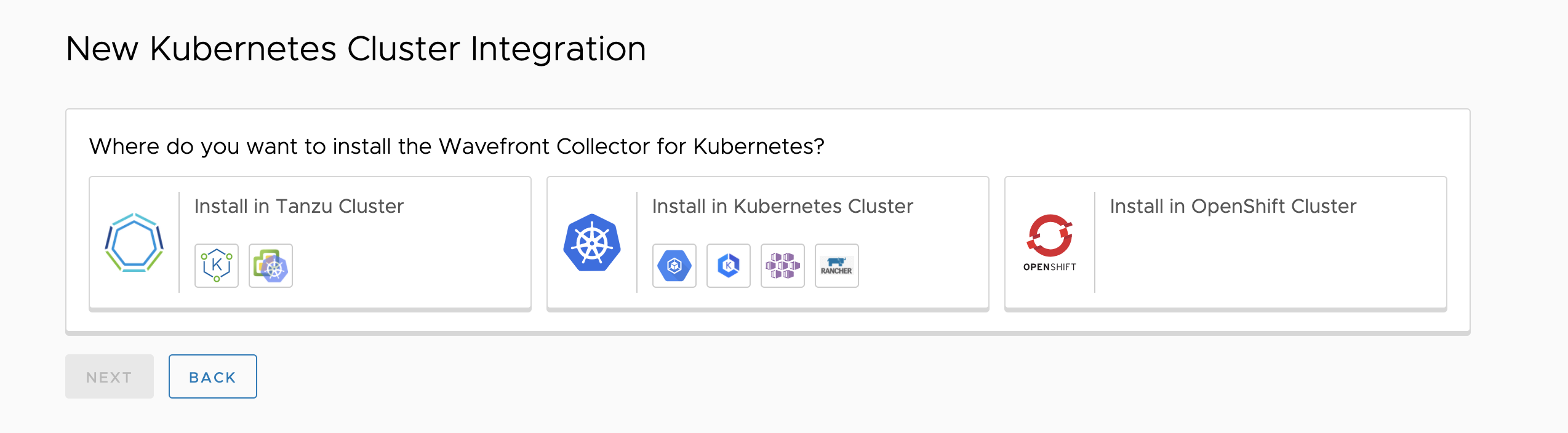 screenshot showing options to install in Tanzu, Kubernetes, or Openshift cluster
