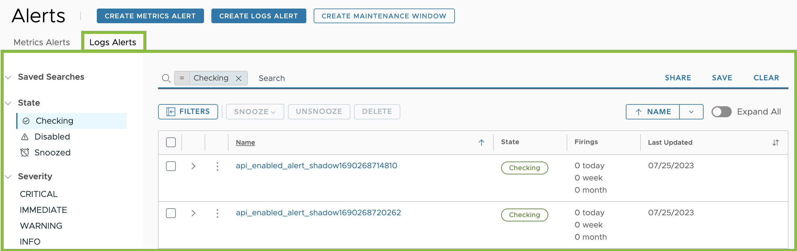 A screenshot of the alert browser on the logs alerts tab.