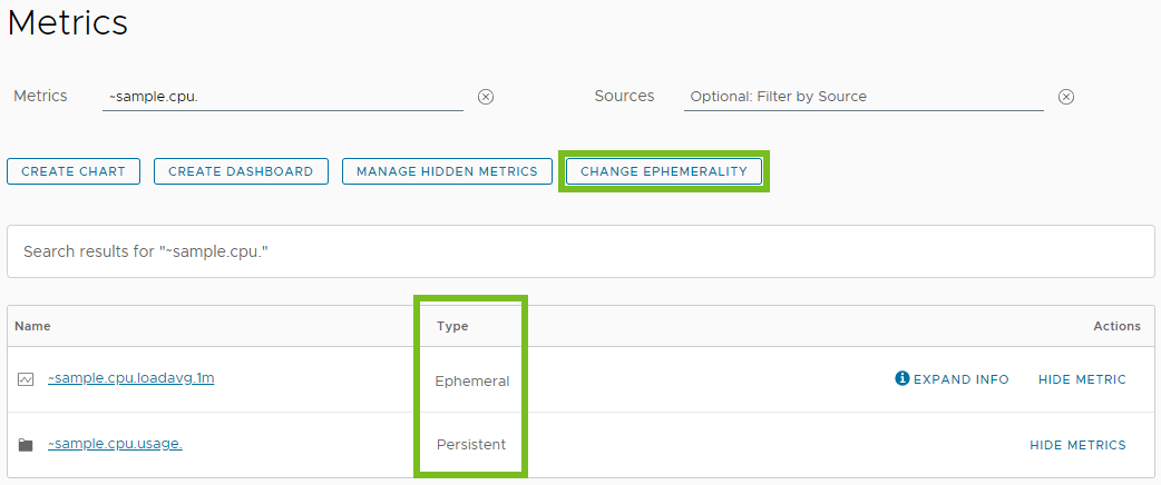 A screenshot of the Metrics Browser with highlighted the new Type column and the new Change Ephemerality button.