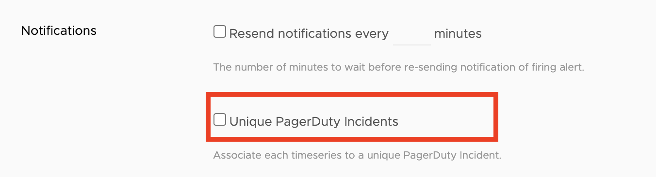 Shows a screenshot of the advanced alert settings with the Unique PagerDuty Incidents option highlighted in red. 