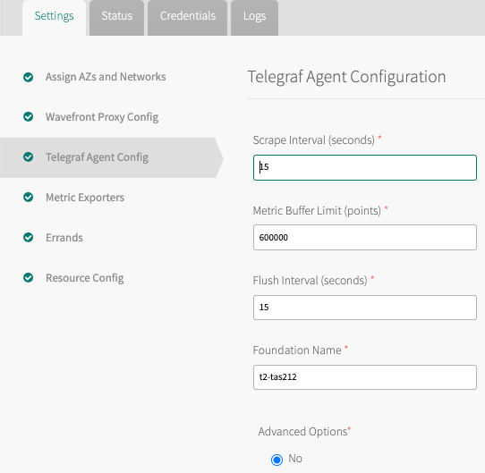 Telegraf Agent Config screenshot, with values till Foundation name text field, as discussed in text above.