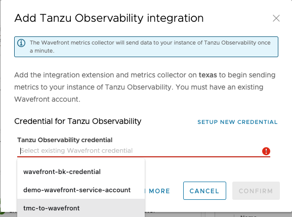 Tanzu Observability Integration dialog with pulldown menu showing credentials. 