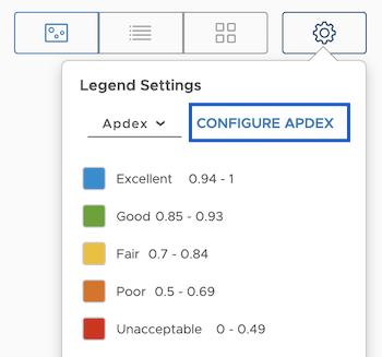 The image the setting and the legend setting with Apdex selected from the drop down. The configure apdex section is highlighted with a blue box. You need to click it to update the threshold value.