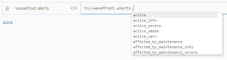 A screenshot of a ts query with the ~wavefront.alerts namespace entered to display the list of the metrics above.