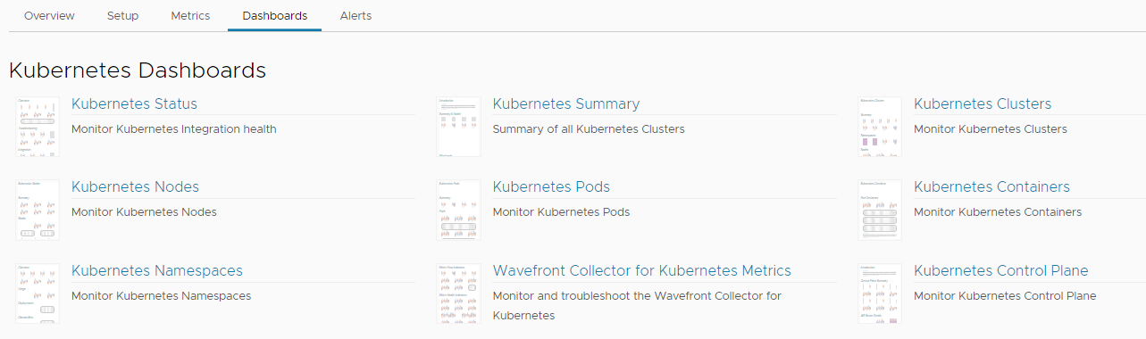 This image shows the out-of-the box dashboards for Kubernetes: Kubernetes Summary dashboard, Kubernetes Clusters dashboard, Kubernetes Nodes dashboard, Kubernetes Pods dashboard, Kubernetes Containers dashboard, Kubernetes Namespaces dashboard, and Kubernetes Collector Metrics dashboard  